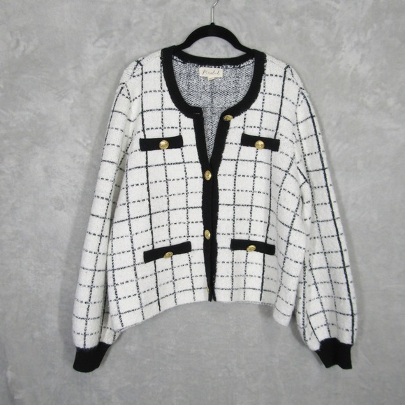 Marled Sweaters - Marled Size XL Boucle Cardigan Jacket Black White Grid Gold Button Fuzzy Soft